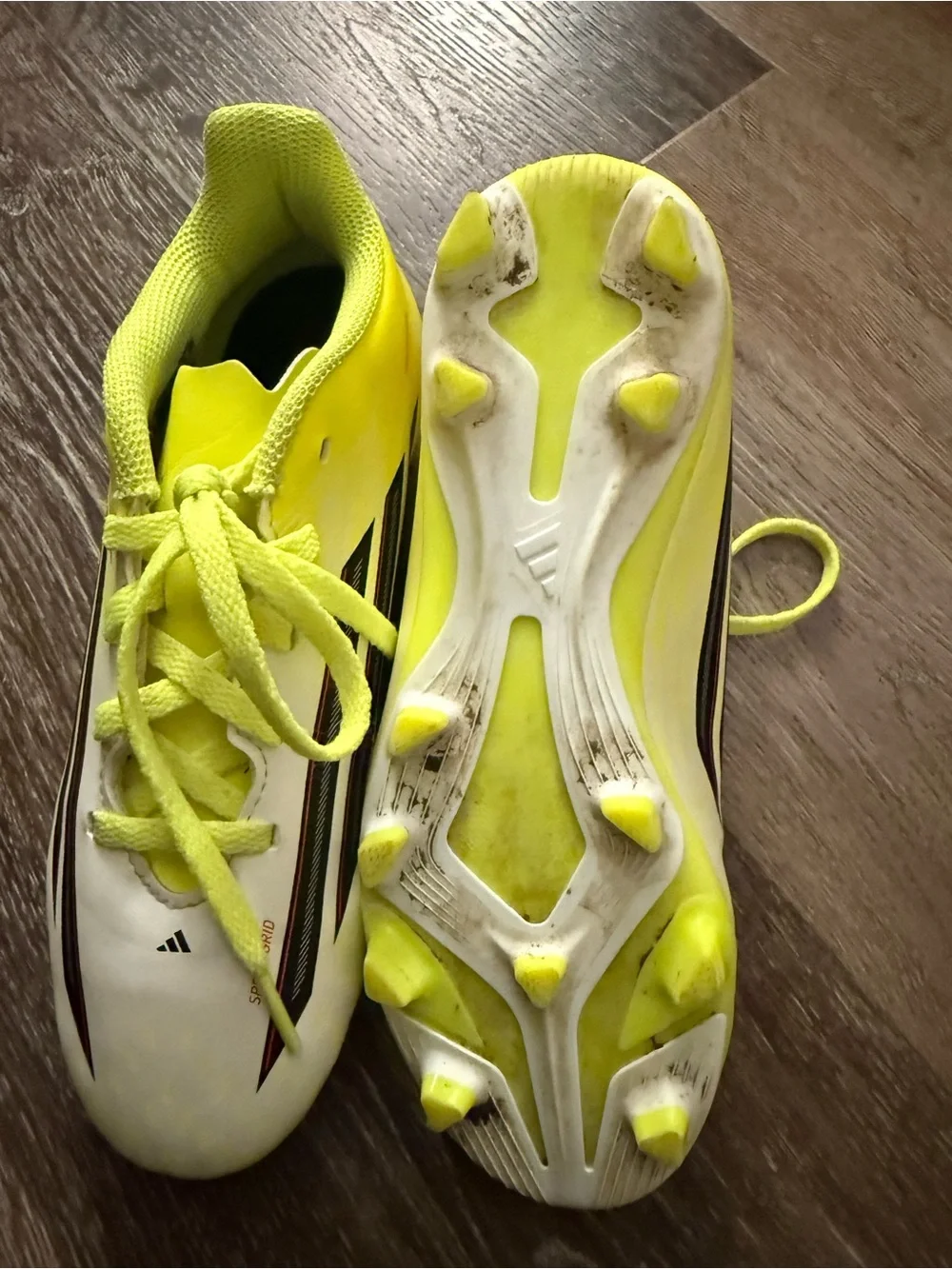 adidas Kids Neon Yellow White Soccer Cleats with Black Stripes